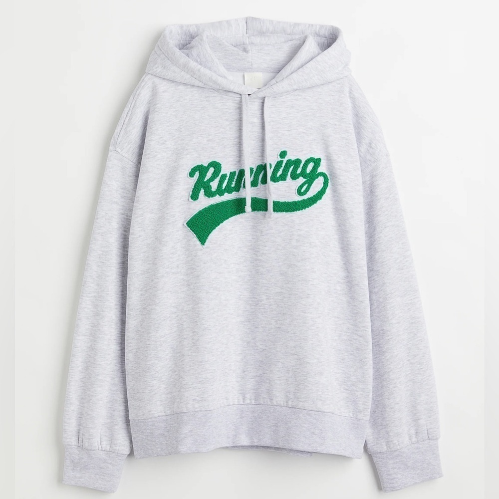 H&M running terry oversized sweatshirt patch hoodie track & field race heather